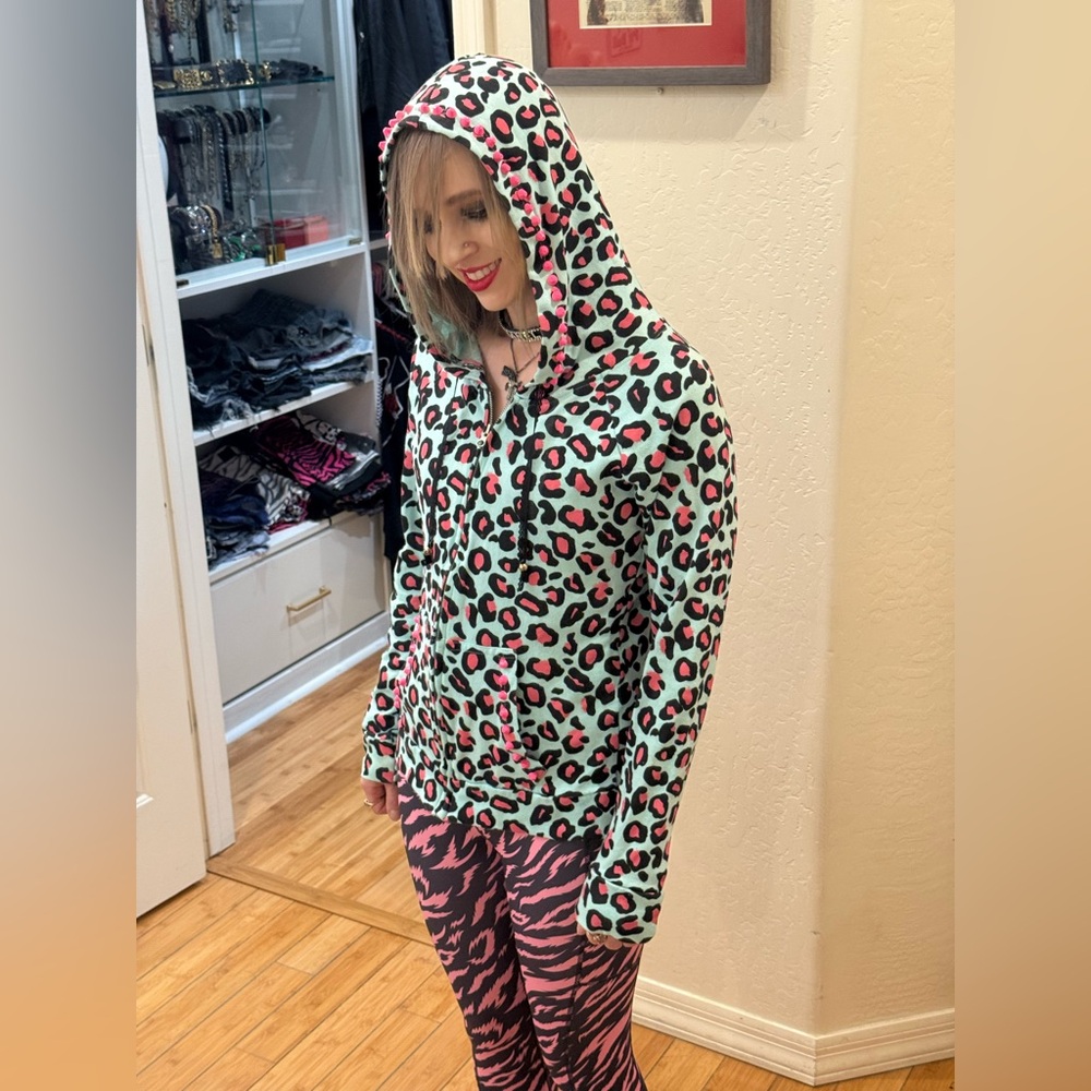 Abbey Dawn Inspired Blue and Pink Hand Pink Studded cheetah leopard hoodie Y2K
